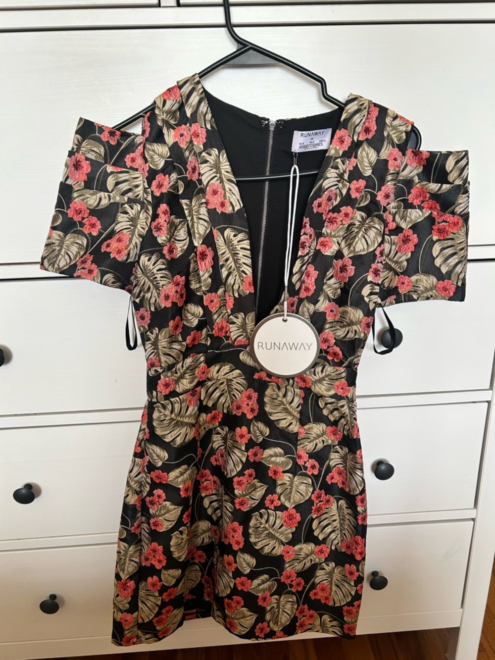 Away Black Floral V-Neck Mini Dress with Coral Accents